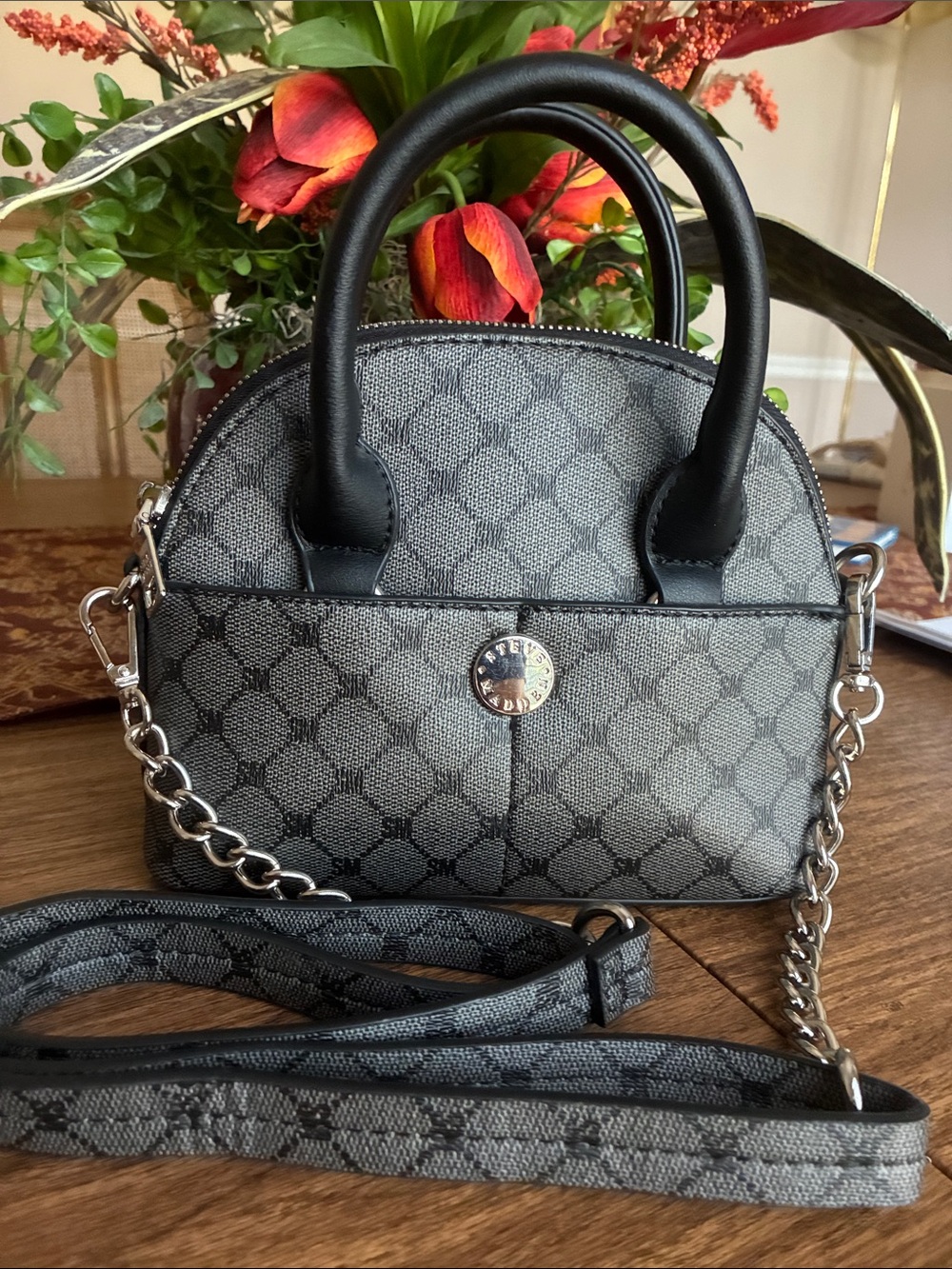 Steve Madden Gray Mini Dome Crossbody with Chain Strap and Top Handles  Like New